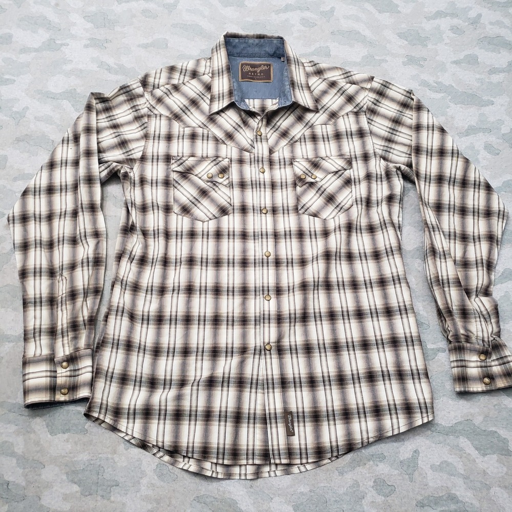 Wrangler Retro Shirt Mens Large Tan Plaid Western Snap Long Sleeve Rodeo Ranch